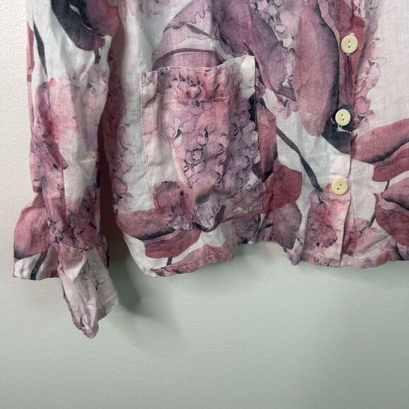 FLAX Linen Button Front Blouse Small Pink Purple Floral Hydrangea Top Lagom - Picture 3 of 11